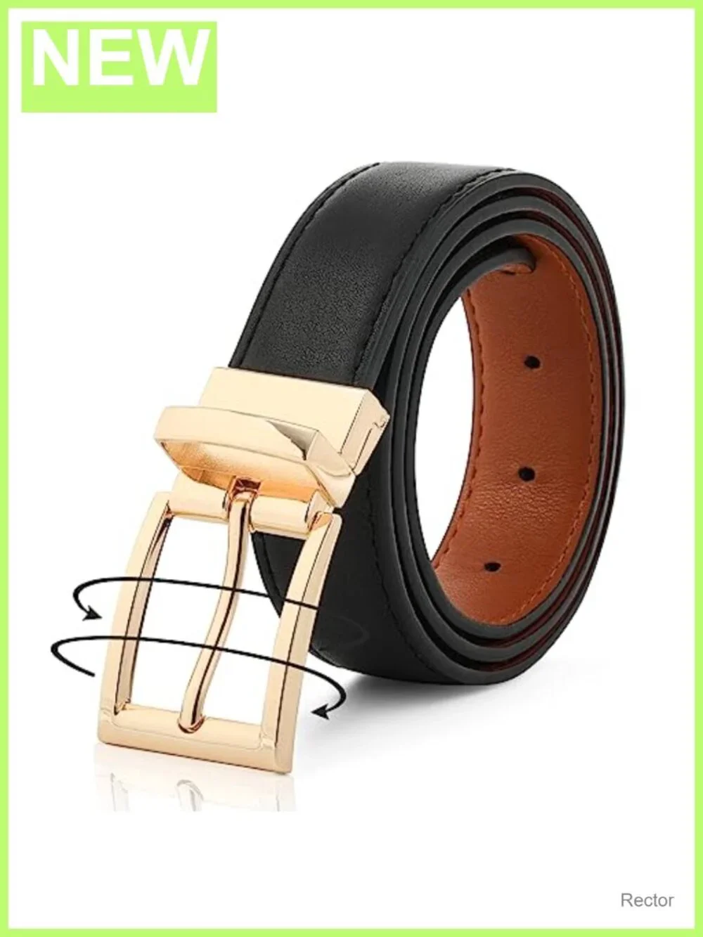 Women's Reversible PU Leather Belt with Rotated Buckle, Two-in-One in One Strip